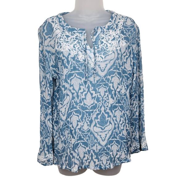 Chico's Blouse Womens Size 1 US M/8 Blue White Silk Embroidery Trim Sheer - Picture 1 of 11